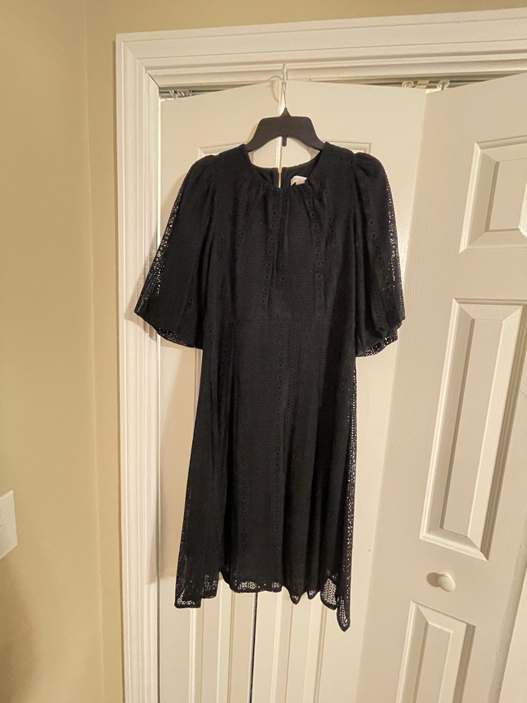 Calvin Klein Black Eyelet Midi Dress With Puff Sleeves